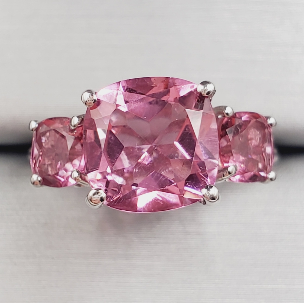 Pink Quartz Three-Stone Cushion Cut Ring | 925 Sterling Silver 💗